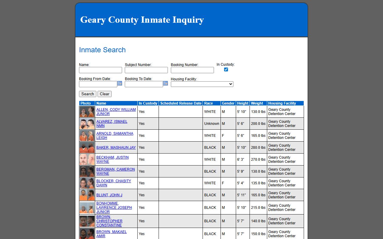 Geary County inmate population roster search form