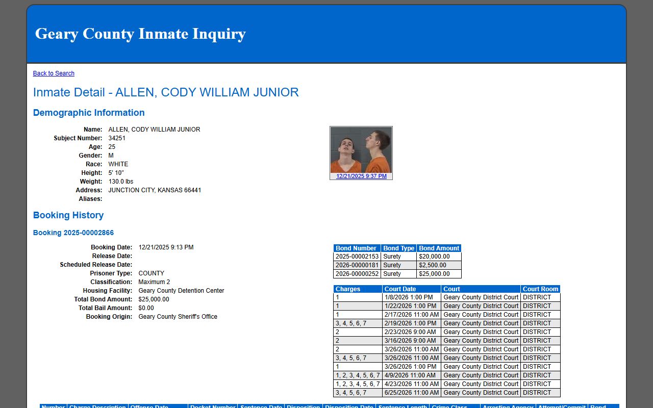 Geary County booking photo field on sample inmate profile